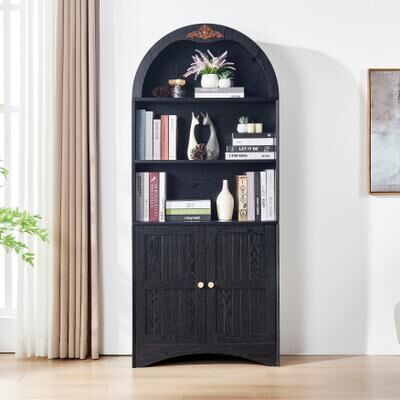Kodotan sofa Arched Storage Cabinet with Decorative Applique, Adjustable Shelves, Anti-Tip Strap, Freestanding Storage Bookcase Cabinet