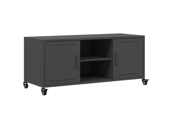 hliofuir TV-Schrank Schwarz mit 4 Rollen, 100,5x39x43,5 cm Fernsehschrank Mobiles Sideboard für Schlafzimmer und Büro, mit 2 Fächern und Türen für DVD-Player und Dekoartikel gefertigt.