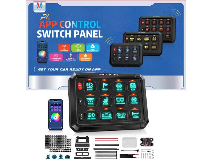 Panneau de commande MICTUNING RGB App 8/12 voies, contrôle sans fil par application avec modes TOGGLE/ MOMENTANÉ/ PULSÉ, interrupteur LED marche/arrêt pour voiture