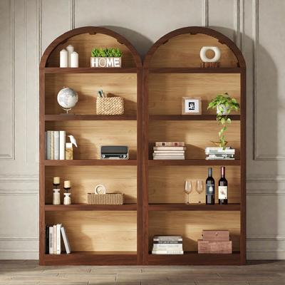 Fundinbaths Farmhouse Tall Bookshelves Set of 2, Two Tone Arched Open Bookcase with Fabric Top, 5 Tier Storage Cabinet