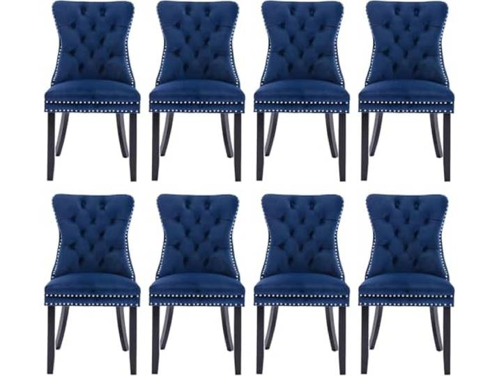 SoarTalent 8er Set Esszimmerstühle Samt gepolstert Nagelkopf, Blau Samt gepolstert, Nagelkopfbesatz, Massivholzbeinen, Metall-Ziehring, für Esszimmer & Wohnzimmer