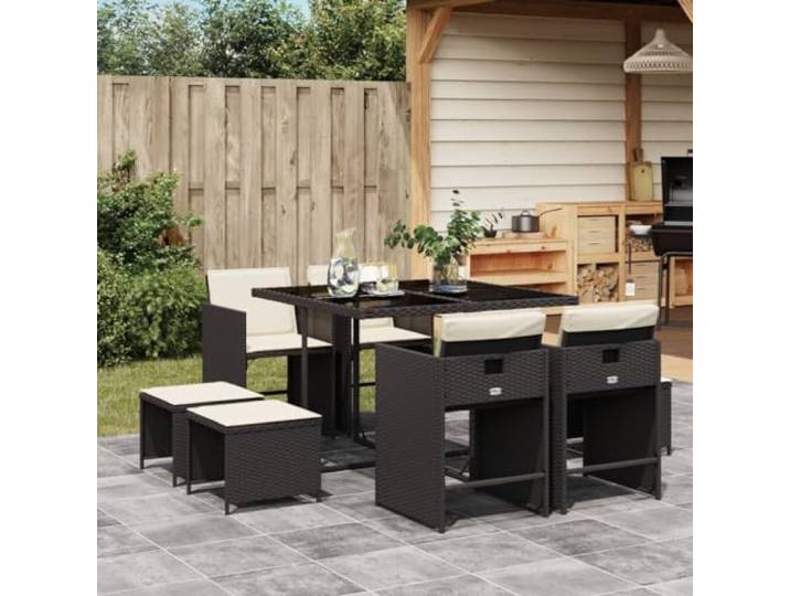 HEFZGDB 9-TLG. Garten-Essgruppe mit Kissen Schwarz Poly Rattan, Klappstühle mit waschbaren Bezügen und Hartglas-Tischplatte für Terrasse, Langlebige Outdoor-Möbel mit platzsparender