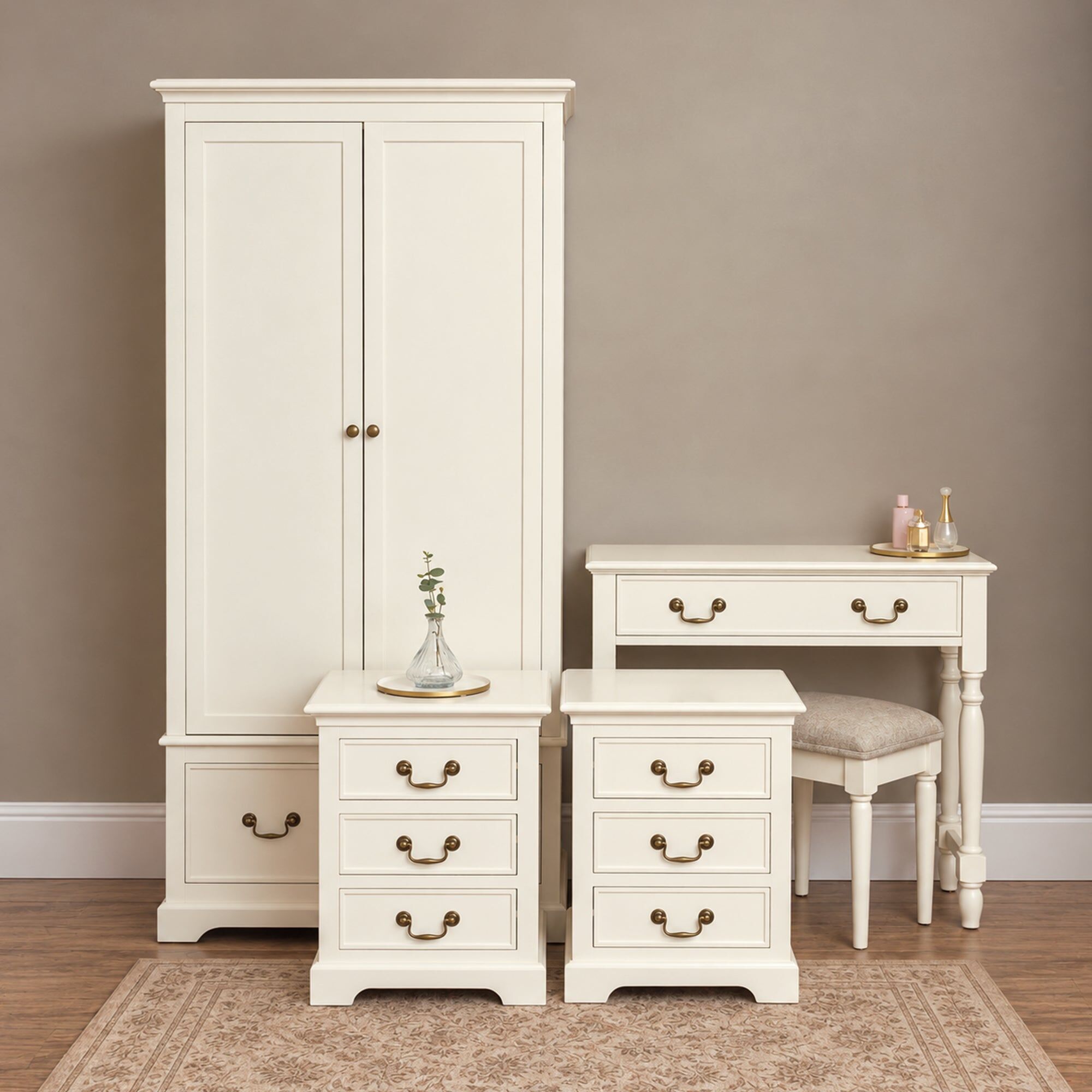 Ivory Wardrobe, Dressing Table Set & Pair of 3 Drawer Bedside Tables - Charlotte Ivory Range Wood, Metal