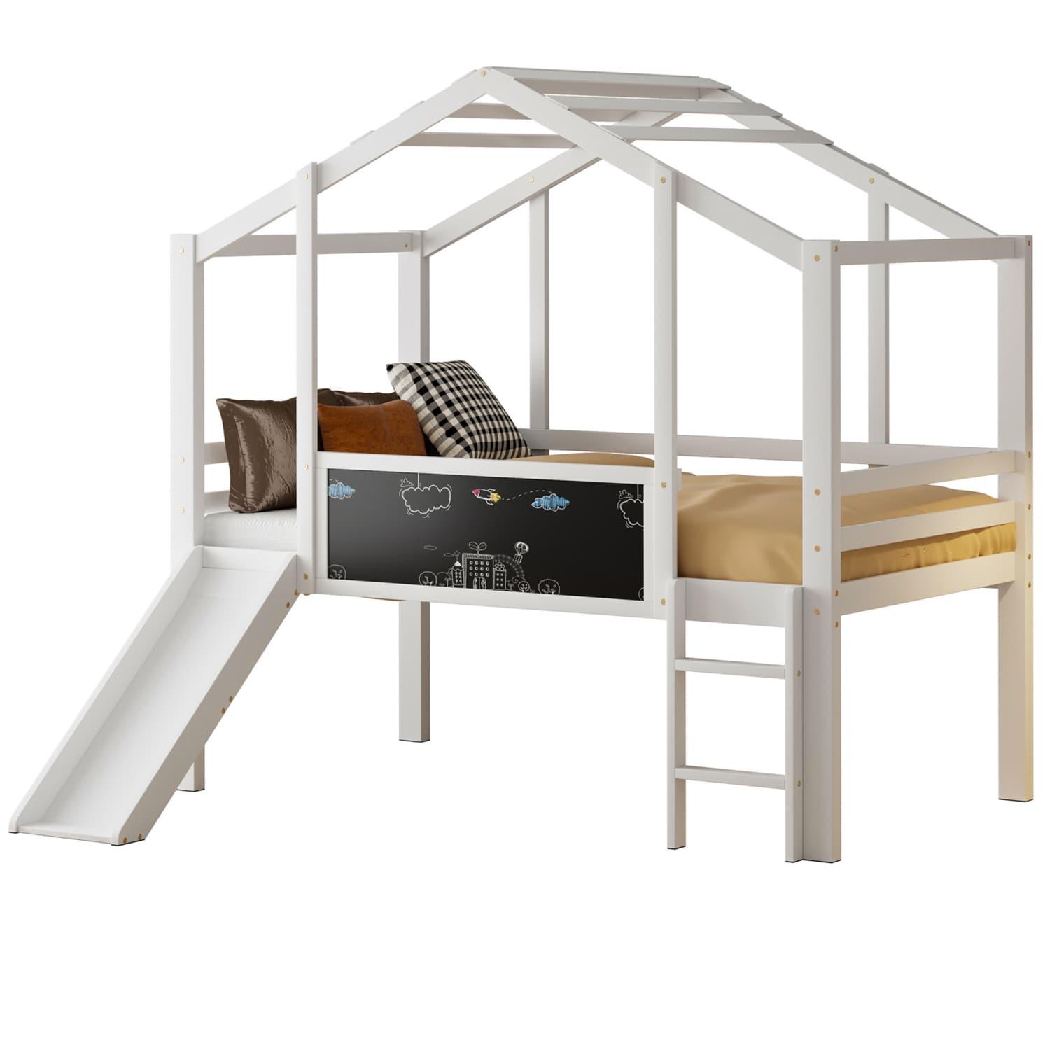 Kinderbett,Dachboden-Design mit Sicherheitsleiter und Sicherheitsrutsche,mit Graffiti-Tafel, Multifunktionsbett Massivholzbett Einzelbett Hochbett