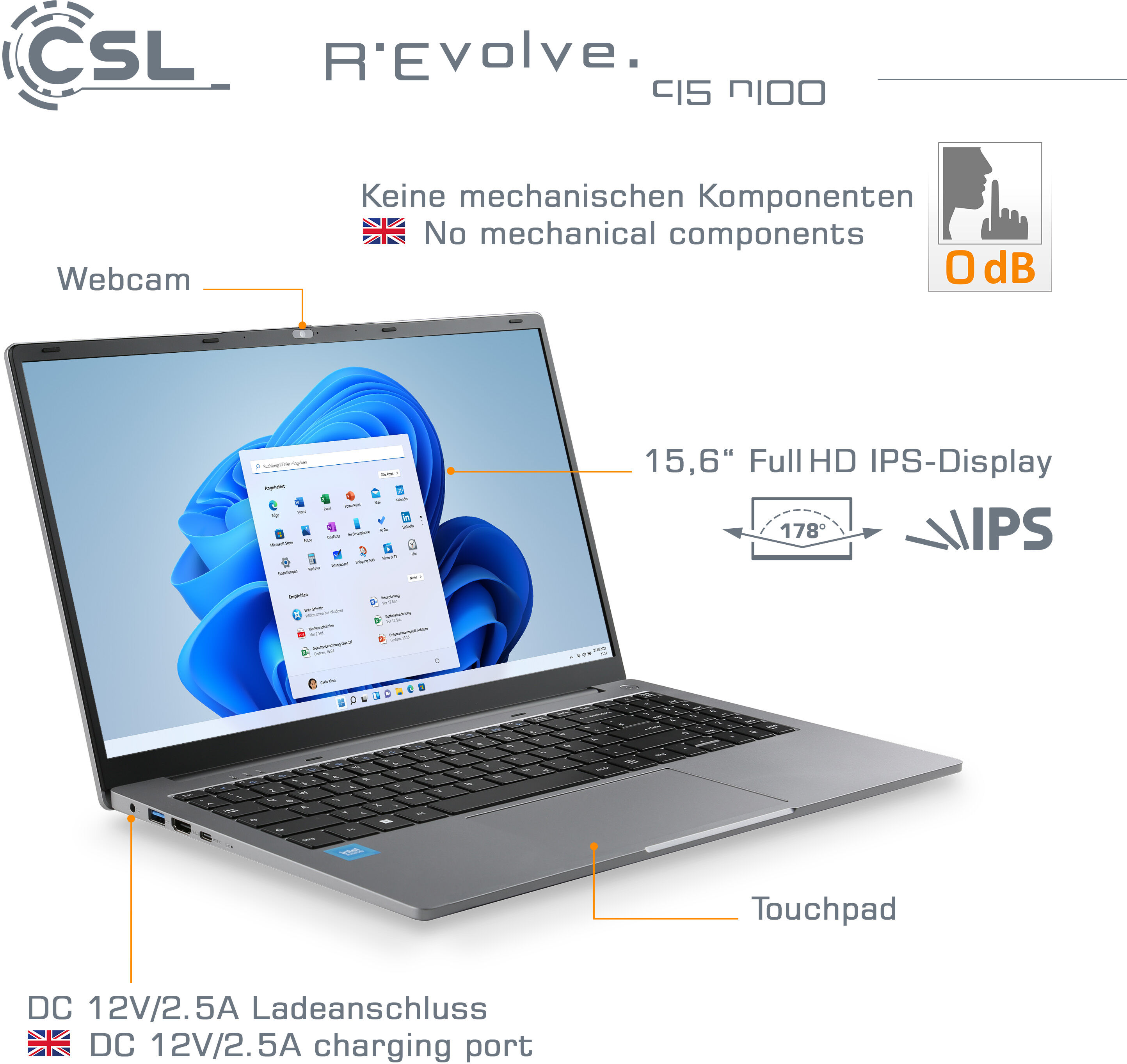 CSL Notebook "R'Evolve C15 v4 Windows 11", silber, 8 GB RAM 500 GB SSD, N-Reihe, Microsoft Windows 11 Home (64 Bit), Notebooks, Notebook