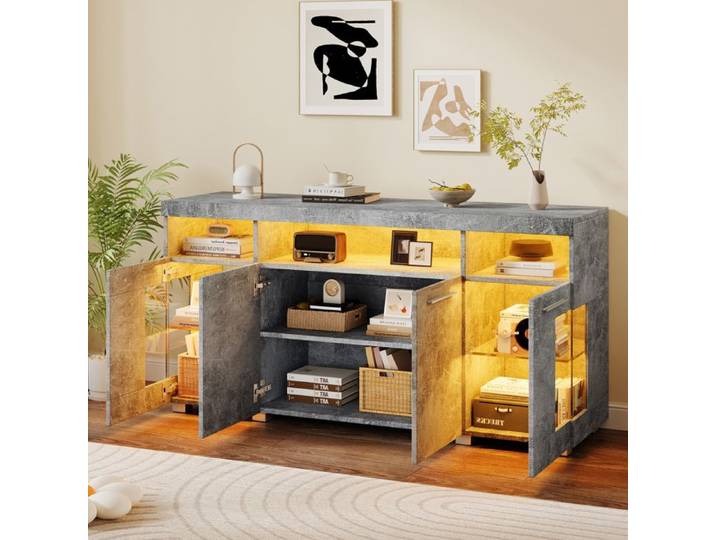 Buffet Bas LED- 140cm - Style Industriel Effet Béton - Enfilade avec Portes Vitrées - Gris Ciment
