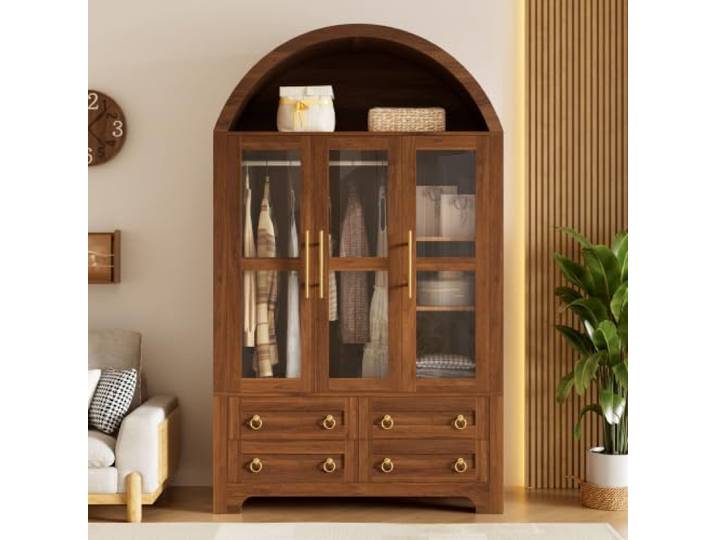 Elaimoros Kleiderschrank mit 3 Glastüren und 4 Schubladen, Vitrinenschrank, Wohnzimmerschrank, Aufbewahrungsschrank, Kleiderschrank, Schrank mit Kleiderstange，Nussbaum