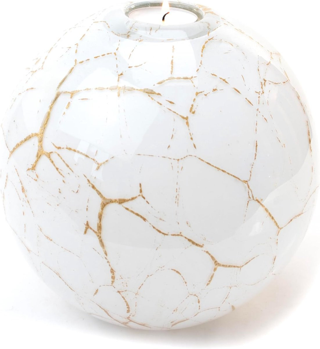 Handgemaakte witte urn waxinelichthouder met bladgoud, Hoogte: 18 cm
