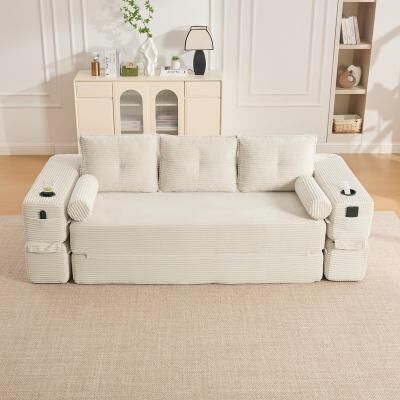 HOMEFUN Corduroy Upholstered 2-3 Seats Thick Back Support Convertible Sofa Bed With Minimalist Design