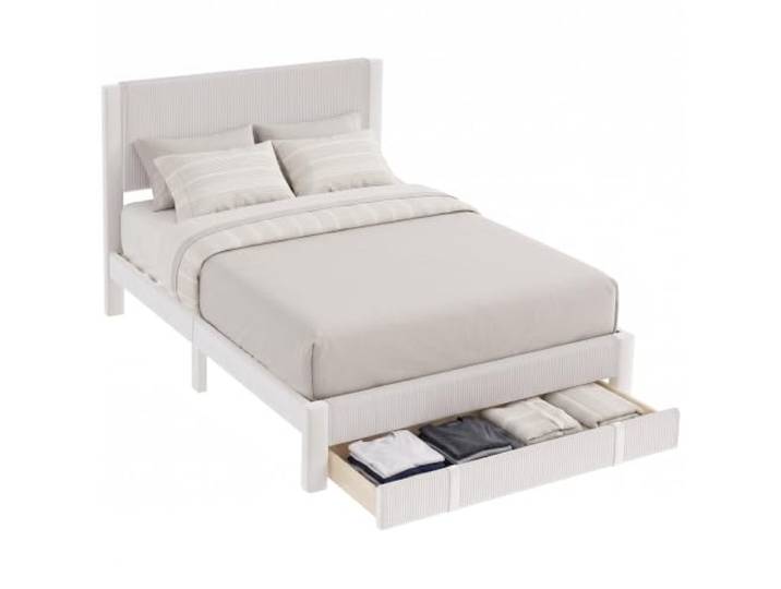 HOMCOM Bettgestell mit Stauraumschublade, Cord-Kopfteil, Beige Cord-Polsterbett mit Holzlattenrost, ohne Boxspring, einfache Montage