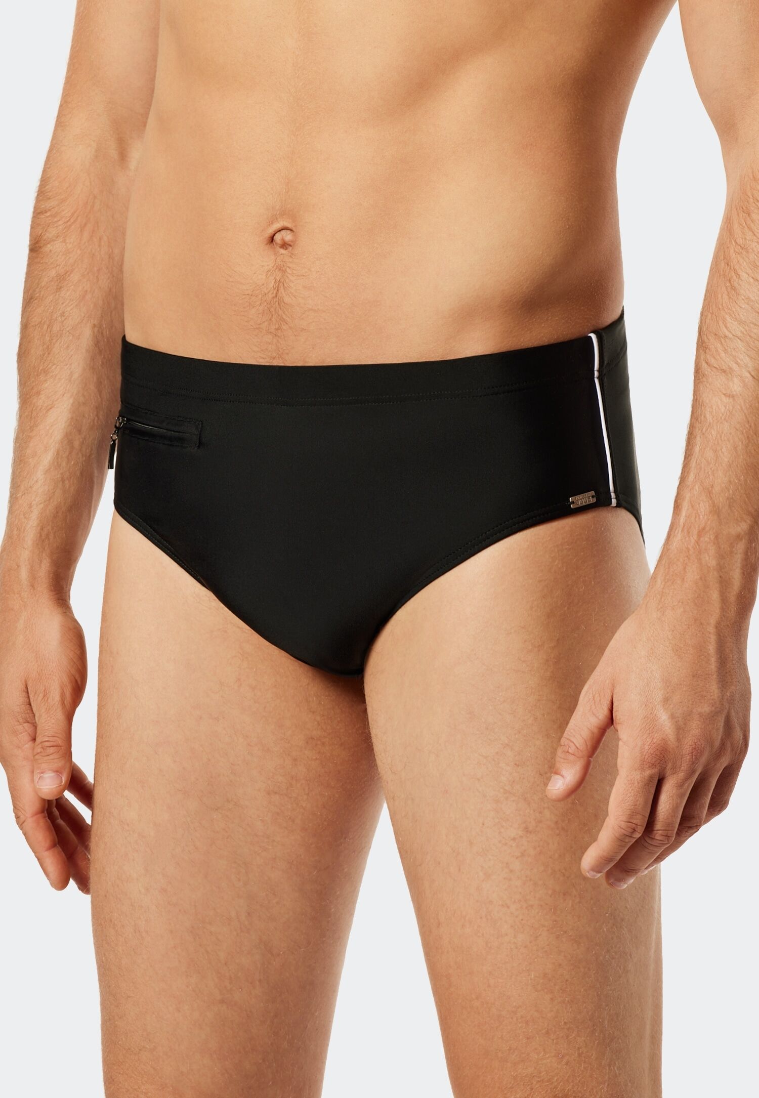 Badeslip SCHIESSER "Nautical Casual", Herren, Gr. 5, N-Gr, schwarz (000, schwarz), Gewirkt, Baumwolle, unifarben mit Farbeinsatz, Badehosen Badeslip, mit extra flacher Reissverschlusstasche 000, schwarz 5, N-Gr