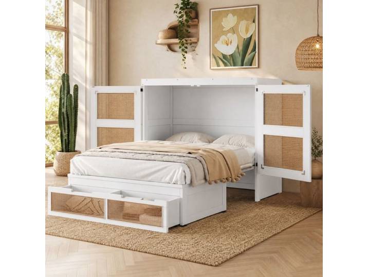 Lit escamotable - ZEVKOR - Double 140×200 cm vertical - Décor rotin - 2 tiroirs - Sommier inclus