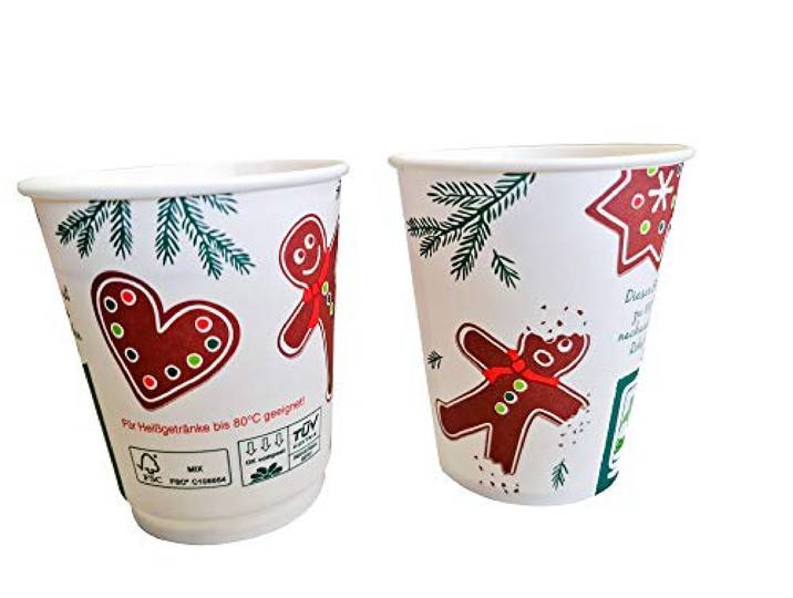 Pro DP 1500 Bio Glühweinbecher Heißgetränkebecher Glühwein to go Becher mit 200ml 0,2l Eichstrich Weihnachten Weihnachtsmotiv Lebkuchenmann mit Bio Barriere kompostierbar Made in Germany