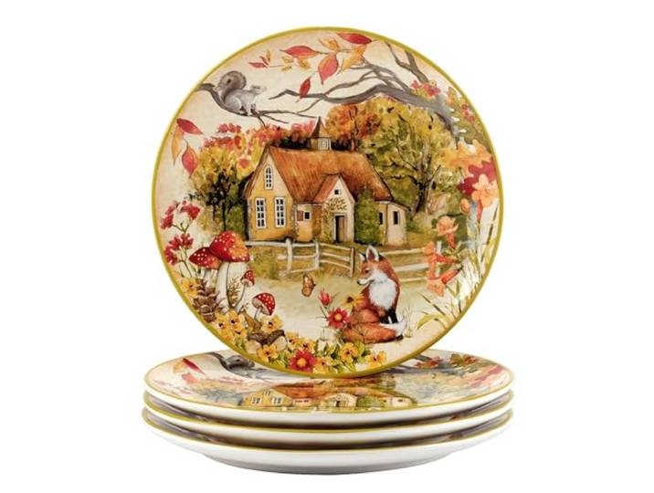 Woodland Critters Keramik-Speiseteller, 27,9 cm, 4 Stück, skurrile Waldtier- und Hütten-Szene – von der Natur inspiriertes Geschirr für Herbst, Kinderpartys, Urlaubsessen, Geschenke und rustikale