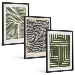 BILDER SET 3er Set - 40x60 cm Schwarzer Rahmen - Muster Linien Formen grün