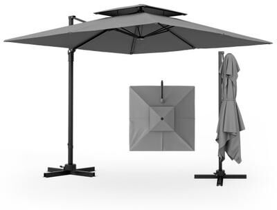 Costway 9.5 Feet Cantilever Patio Umbrella with 360° Rotation and Double Top-Gray