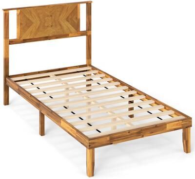 Costway Twin/Full/Queen Size Bed Frame Mid-Century Acacia Wood Platform Bed with Headboard-Twin Size