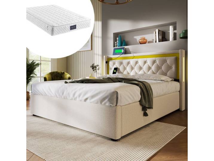 Structure de lit Deuxième génération de sensation chaleureuse lit rembourré avec USB type C fonction de charge tête de lit LED lit
