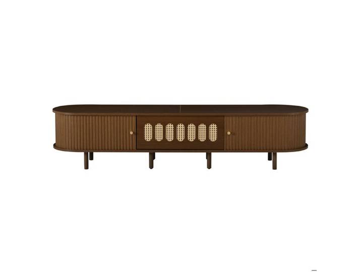 Meuble TV ovale 180 cm – MDF noyer foncé aspect rotin 5 rangements