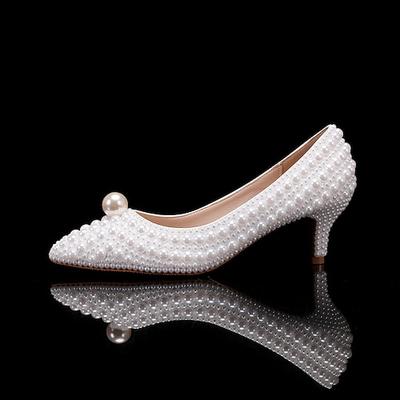 Damen Hochzeit Schuhe Weiße Schuhe Abendschuhe Hochzeit Party Blumen Kontrastfarbe Hochzeits-Heels Brautschuhe Brautjungfernschuhe Imitationsperle Perlenstickerei Niedriger Absatz Stöckelabsatz