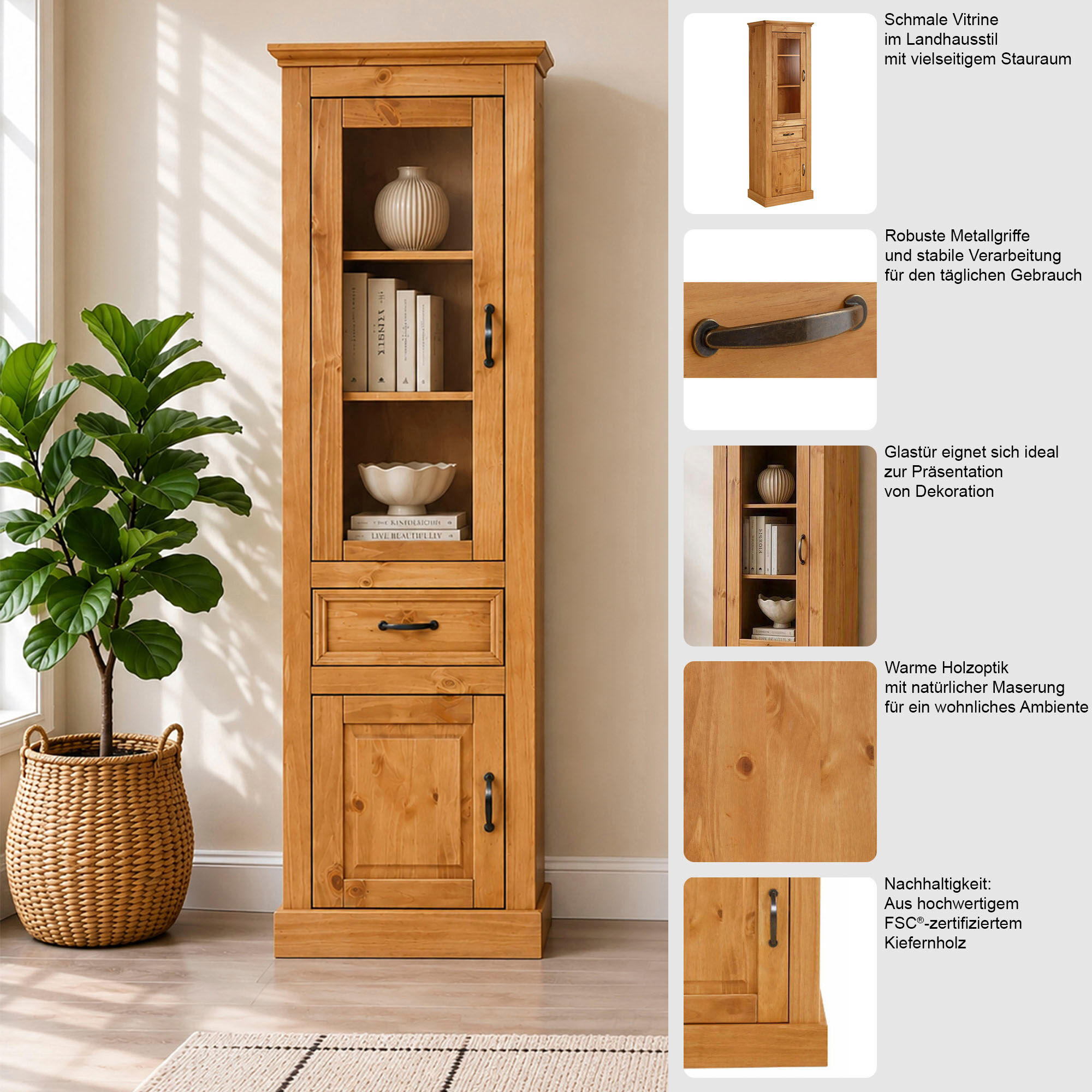 Vitrine GOODPRODUCT "Selma", weiss (weiß, natur), Schränke, Vitrine, Höhe 180 cm weiß, natur Einheitsgröße
