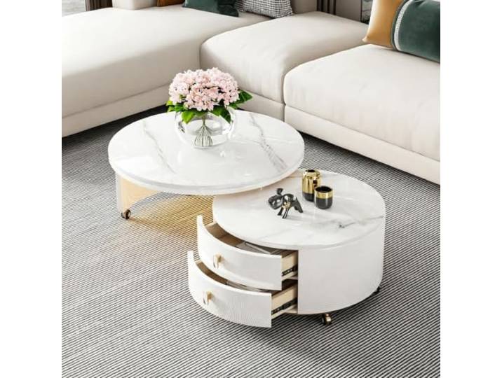 HLDJYLZS Runder Drehbarer Couchtisch, Moderner Tisch aus Sinterstein Runder Couchtisch, 360° Drehbar, Mobil, Sinterstein-Tischplatte, Modern, Minimalistisch, Kleine Räume, Wohnzimmer