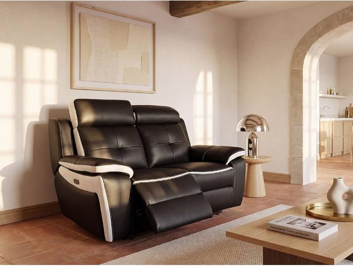 Relaxsofa Leder elektrisch 3-Sitzer - Schwarz & Weiß - ANGELIQUE