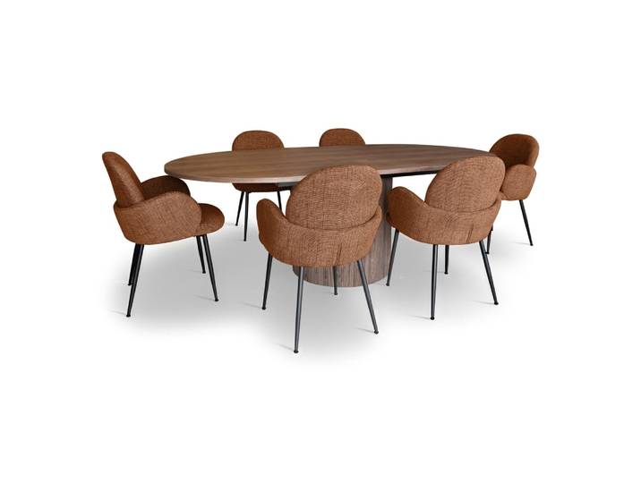 Ensemble table extensible ovale et 6 fauteuils en tissu terracotta