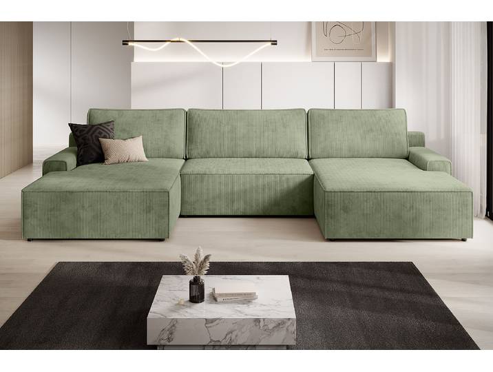 Wohnlandschaft mit Schlaffunktion Grün Cordstoff Maiva 333 x 98 x 168cm Gleichschenklig mit Schlaffunktion Modern