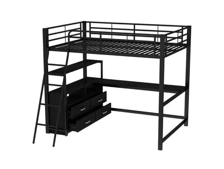 Lit mezzanine 140x200 cm avec 4 tiroirs et barrière lit mezzanine pour enfants avec bureau lit mezzanine en métal sans matelas Noir