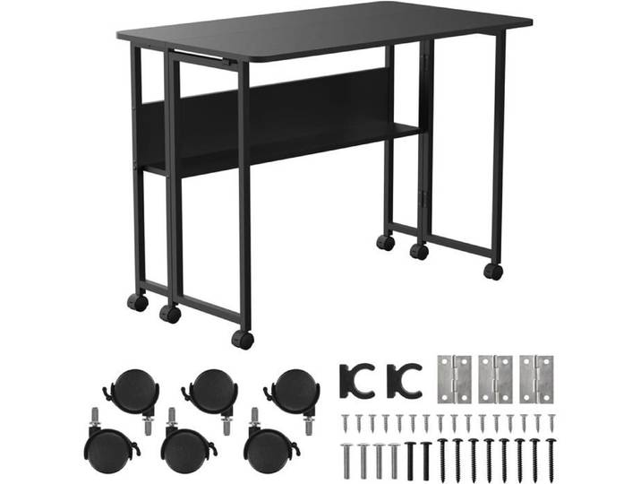 Bureau Pliable MC-126 B avec étagère et roulettes Plateau supérieur 100 x 58 cm capacité 50 kg Pliable Rapidement Table Mobile
