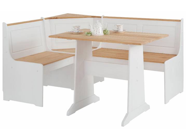 Essgruppe GOODPRODUCT Sascha , weiss (weiß, naturfarben), B:160cm H:87cm T:120cm, Massivholz, Sitzmöbel-Sets, Essgruppe, aus massivem Kiefernholz, bestehend aus einer Truhen-Eckbank + Tisch