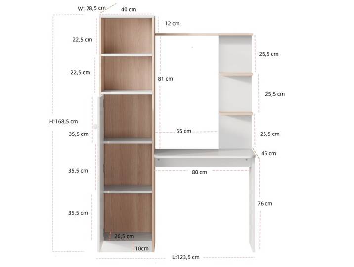 BEL Bureau/table travail avec rangement blanc plateau bois lattes caisson portes étagère haute 123 5x45x168 5 cm