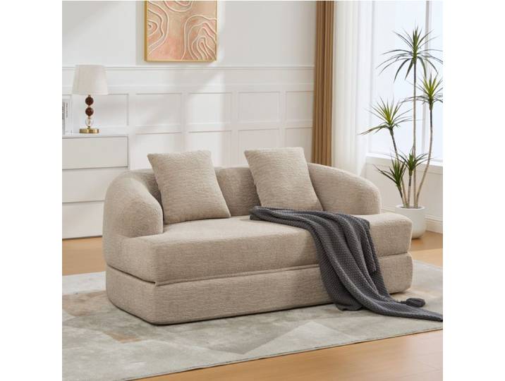 WOVREO Canapé 2 places convertible en lit chenille khaki 2 coussins compressé sans montage