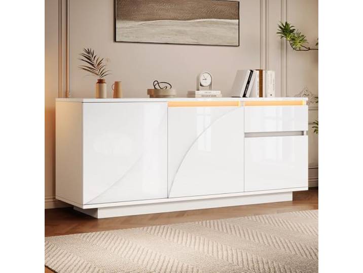Merax Sideboard Hochglanz Weiß mit LED, Kommode mit viel Stauraum, Buffetschrank Mehrzweckschrank mit Verstellbare Regalböden, Designtüren, Beistellschrank Flurschrank für Wohnzimmer, Esszimmer, 140cm