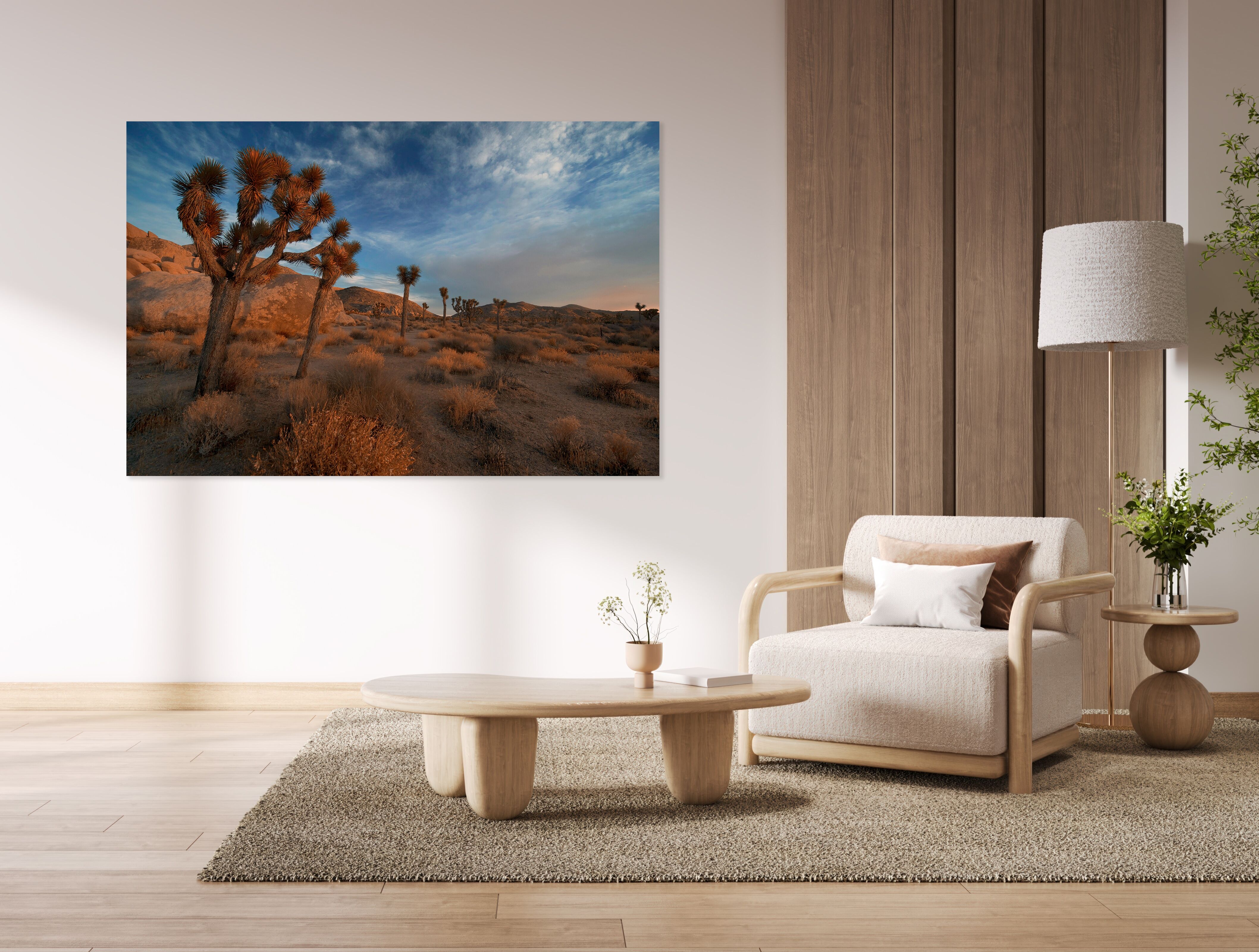 Acrylglasbild QUEENCE "Wüstenlandschaft Landschaft Wüste mit Vegetation", braun (farbe bild(er): blau,braun,weiß), B:120cm H:80cm, Acrylglas, Bilder, Acrylglasbild, mit schwebender 3D Tiefenwirkung, dank der rahmenlosen Befestigung farbe bild(er): blau,br