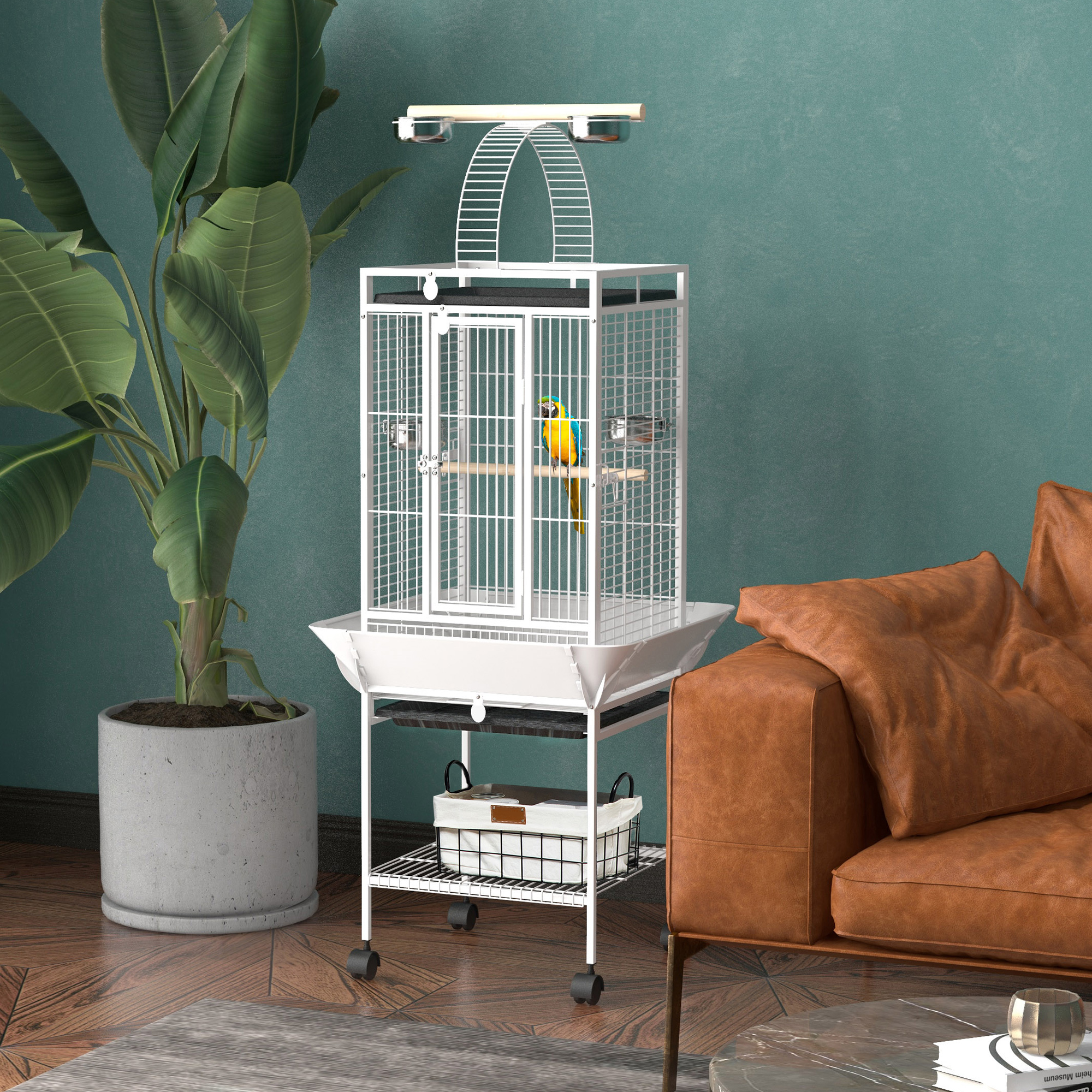 Pawhut Gabbia per uccelli, gabbia per pappagalli con 3 porte, 2 posatoi, ruote 360°, ciotole, ripiano, posatoio, 62,5x62,5x156cm, Bianco   Aosom Italy