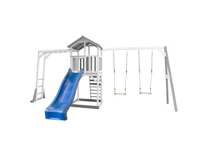 Spielturm Spielhaus Beach Tower Climbing, Grau, Weiß, Blau, Holz, Zeder, 519x241.9x349 cm, Fsc, EN 71, Freizeit & Co, Gartenspielzeug, Spieltürme
