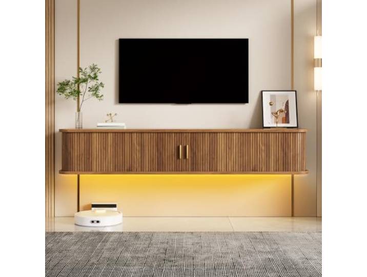 Merax Wandhängendes TV-Board 175x30x30cm, mit Schiebetüren, vertikaler Rillenoptik & App-LED – dunkle Holzfarbe