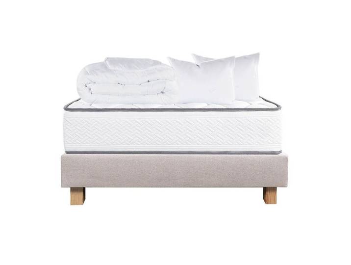 IZAC - Pack Matelas + Sommier Tapissier Beige 140x200 cm + 2 Oreillers + 1 Couette
