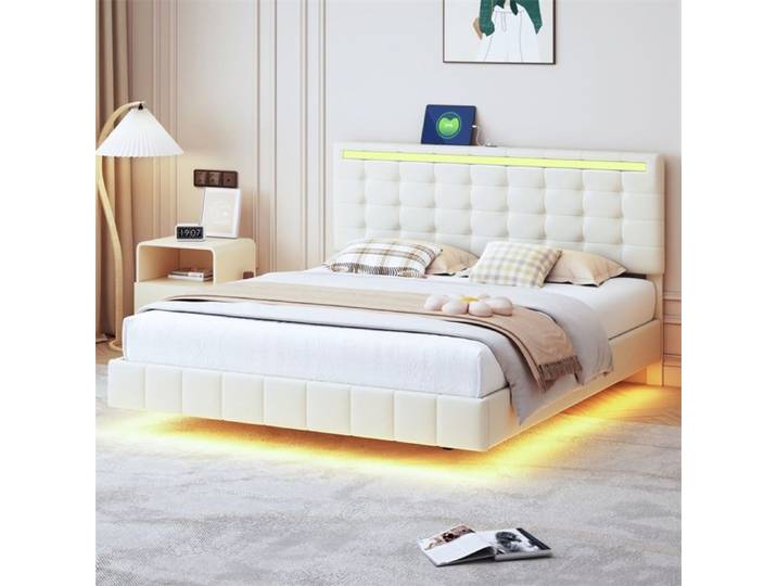 Lit 160x200cm - Lit flottant 160x200cm - Lit avec LED tête et cadre 2 ports USB sommier à lattes revêtement lin moderne - Beige