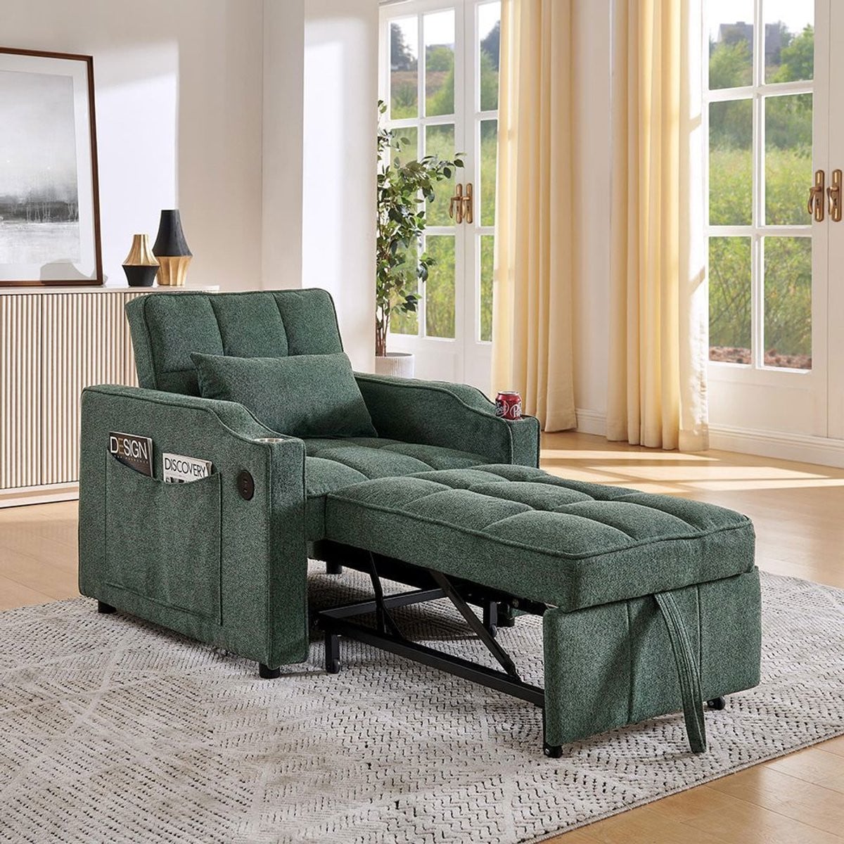 KOMHTOM Moderne minimalistische 3-in-1 slaapbank met USB-oplaadfunctie, groen
