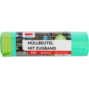 Quickpack Müllbeutel 60 Liter, mit Zugband, grün, 20 Stück