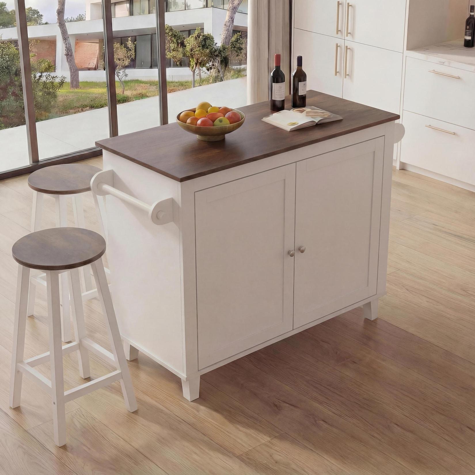 Kücheninsel MCW-P61 mit 2 Sitzhockern, Küchenschrank Staufächer MDF 90x120x45cm ~ weiß, dunkles Holz