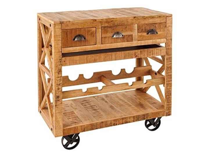Barschrank BODEGA - 86cm - natur - Mangoholz Servierwagen Weinregal Praktischer Stauraum, Schubladen, Bohlenoptik, natürliche Maserung, ausziehbar, edle Optik, mit Rollen, für 4 Flaschen