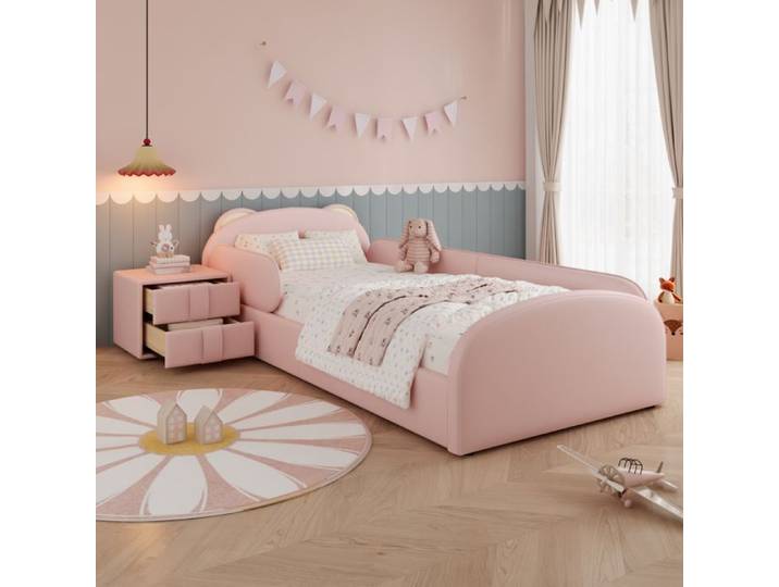 Lit enfant 90x200 cm avec tête de lit ourson table de chevet assortie velours rose