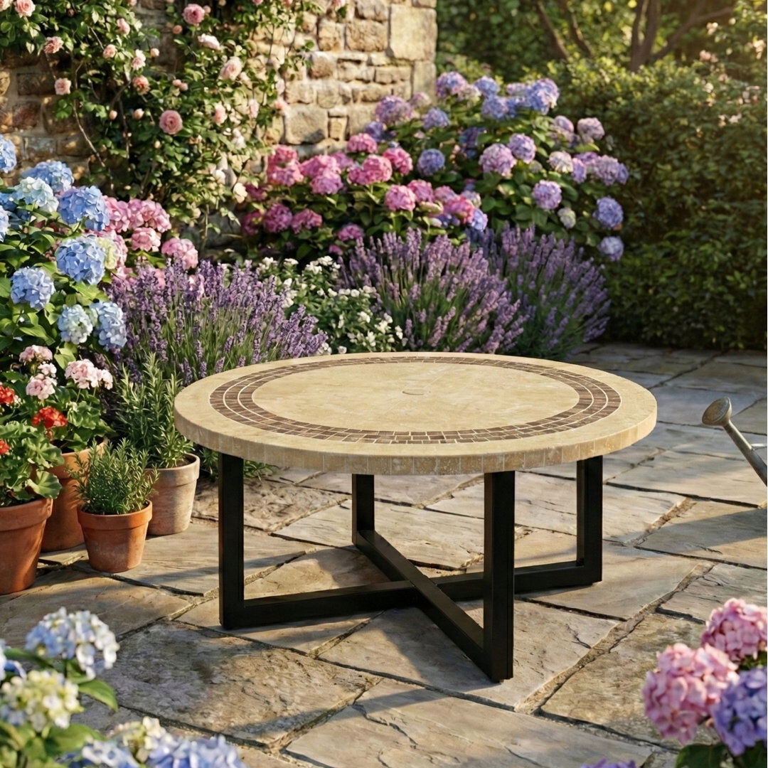 Rosalind Wheeler Vermont Garden Stone Mosaic Coffee Table Beige/Gold/Brown