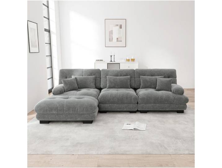 Canape D Angle Modulaire En Chenille Grise 3 Places Sofa L Forme FloraGrace Pour Salon Ottoman Mobile Inclus 313x145x81cm