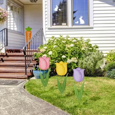 "Glitzhome 24""H Easter Metal Tulips Yard Stakes Garden Decor(Set of 3) - 24"""