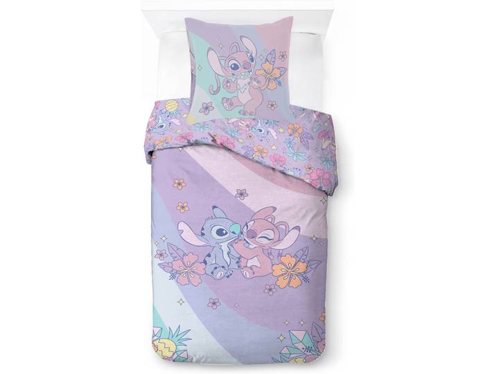 Bettwäsche DISNEY Lilo und Stitch Vibing Angel , bunt (lila), B/L: 137cm x 200cm, 1 Stk., 1 Stk., Baumwoll-Leinen Mix, B/L: 80cm x 80cm, 2, Baumwoll-Leinen Mix, Obermaterial: 100% Baumwolle, Bettwäsche, Bettwäsche